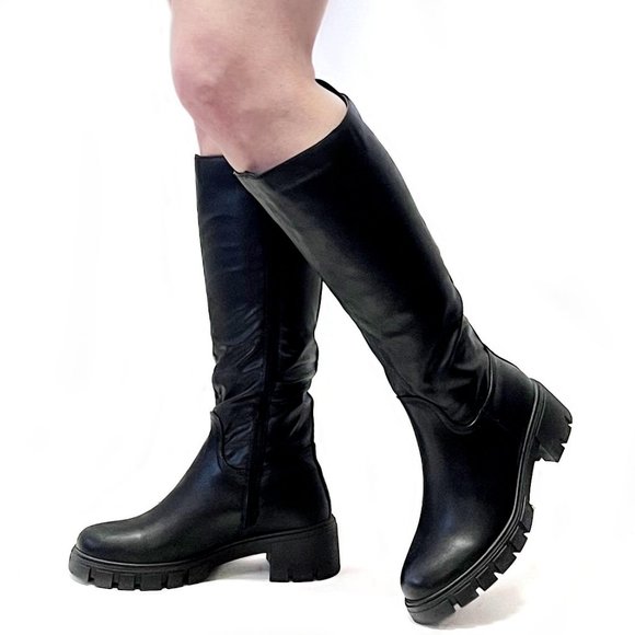 New Black Round Toe Chunky Heel Knee High Riding Boots - Picture 1 of 5